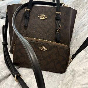 Coach Brown Signature Canvas Tote with Black Leather Trim and Gold Hardware